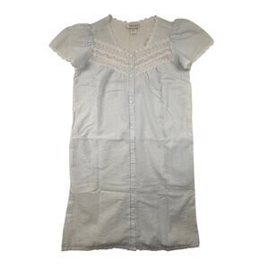 Vtg Nicole Robe Gown Snap Front Womens S Blue White Seersucker Short Sleeve